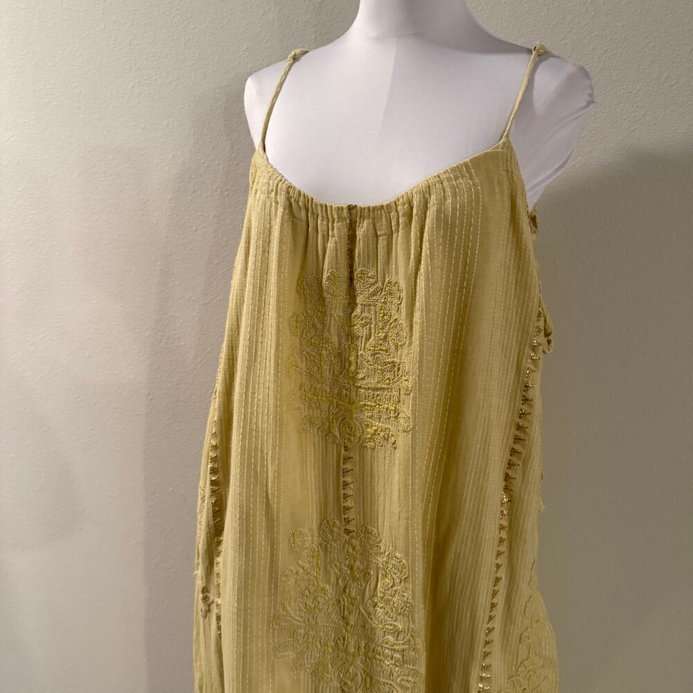Zara Embroidered Relaxed Cotton Maxi Dress Butter Yellow Boho Sleeveless Large - Picture 5 of 10